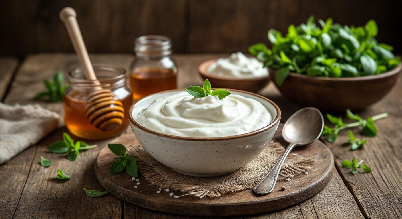 A rustic wooden table in a Turkish village setting holds a bowl of creamy white yogurt with a spoon beside it, surrounded by fresh herbs and a jar of honey, evoking simplicity and natural abundance.