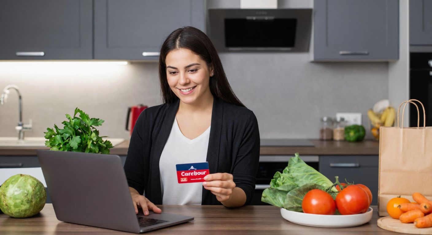 A smiling Turkish woman in a modern kitchen holds a Carrefour gift card while browsing a laptop screen, with grocery bags and fresh produce on the counter beside her.
