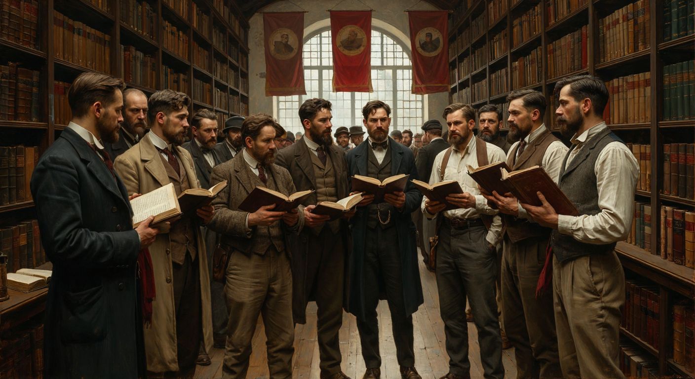 A group of diverse intellectuals in early 20th-century attire—some holding books, others deep in discussion—gathered in a dimly lit study with shelves of old volumes, while outside, workers march with banners in the distance, symbolizing the tension between theory and labor.