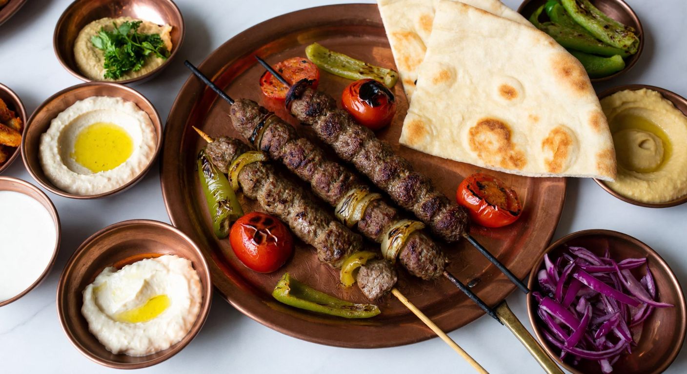 A sizzling copper plate piled with juicy skewered kebabs, charred tomatoes, and peppers, surrounded by small bowls of hummus, haydari, and pickled turnip juice, with warm lavash bread draped over the edge.