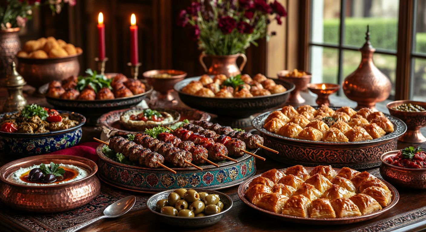 A richly decorated Ottoman-style dining table laden with sizzling kebabs on skewers, colorful mezze plates with dips and olives, and golden baklava drizzled with syrup, surrounded by warm candlelight and ornate copper trays.