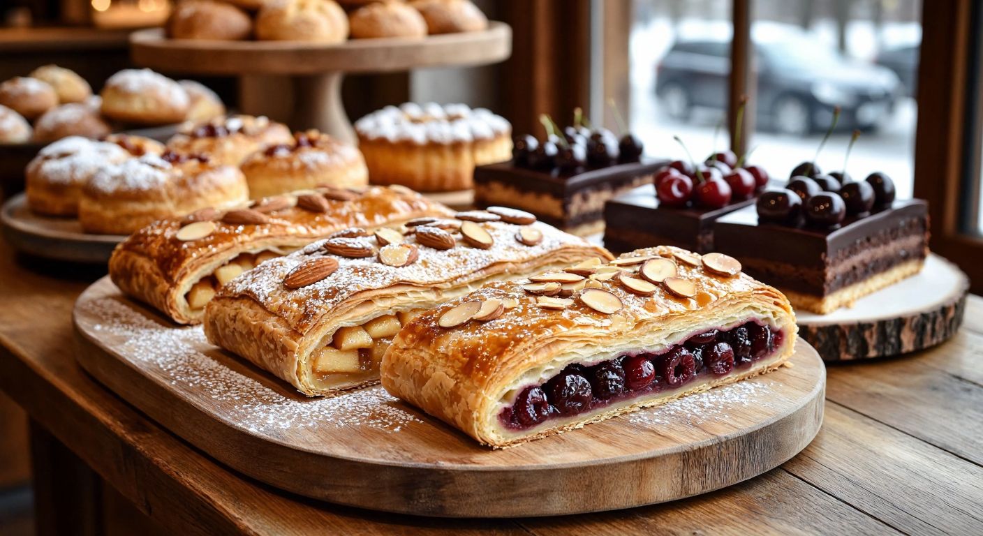 A rustic wooden table in a cozy German bakery displays a golden-brown Apfelstrudel with flaky layers, a powdered Berliner oozing jam, a honey-glazed Bienenstich topped with almonds, and a slice of Schwarzwälder Kirschtorte with dark chocolate and cherries.