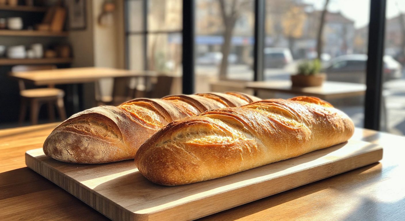 A golden-brown, crusty baguette and a soft, fluffy francala loaf placed side by side on a wooden cutting board in a Turkish bakery, with warm sunlight streaming through the window.