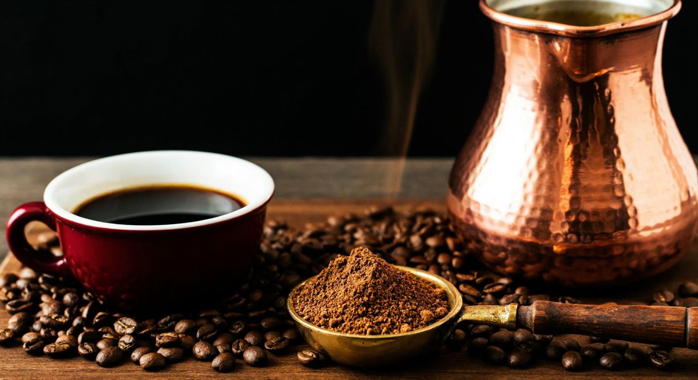 A close-up of a traditional Turkish copper cezve brewing rich Efe coffee over a small flame, with finely ground coffee beans and a small cup of dark, aromatic coffee beside it, evoking warmth and cultural heritage.
