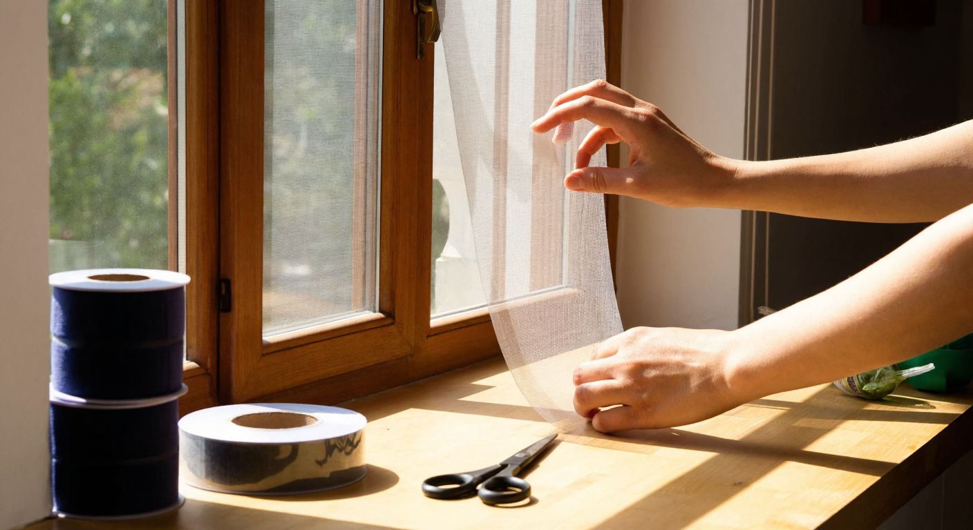 A pair of hands carefully pressing a mesh screen onto the Velcro strips attached to a wooden window frame in a sunlit Turkish home, with a roll of Velcro tape and scissors resting on a nearby table.