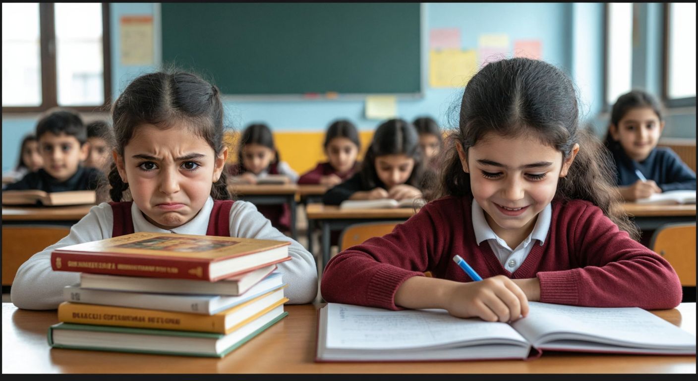A split image showing two Turkish children in a classroom—one frowning over a stack of books, the other smiling while casually flipping through a notebook.