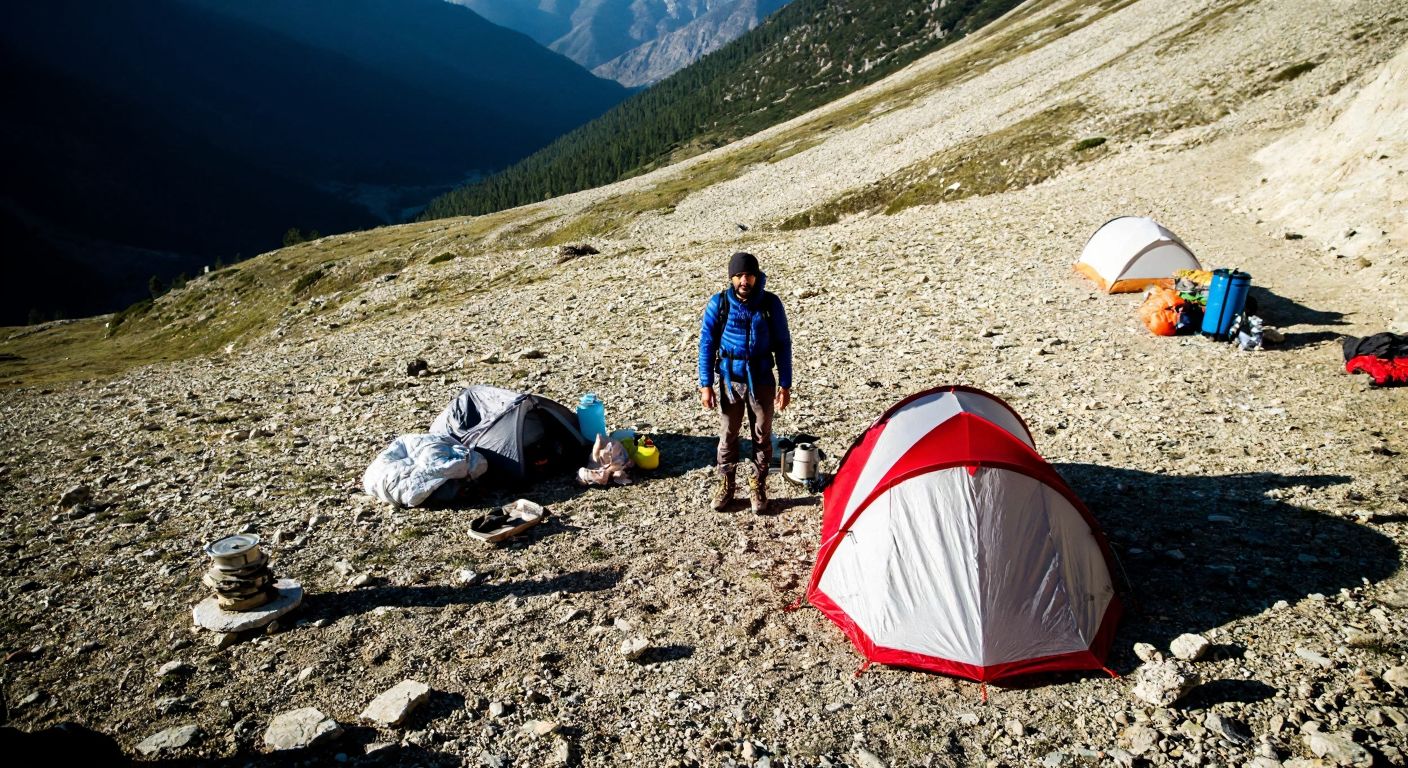A lone hiker with a backpack stands on a rocky Turkish mountain slope, surrounded by scattered camping gear including a tent, sleeping bag, and a small stove, with a serene yet determined expression.