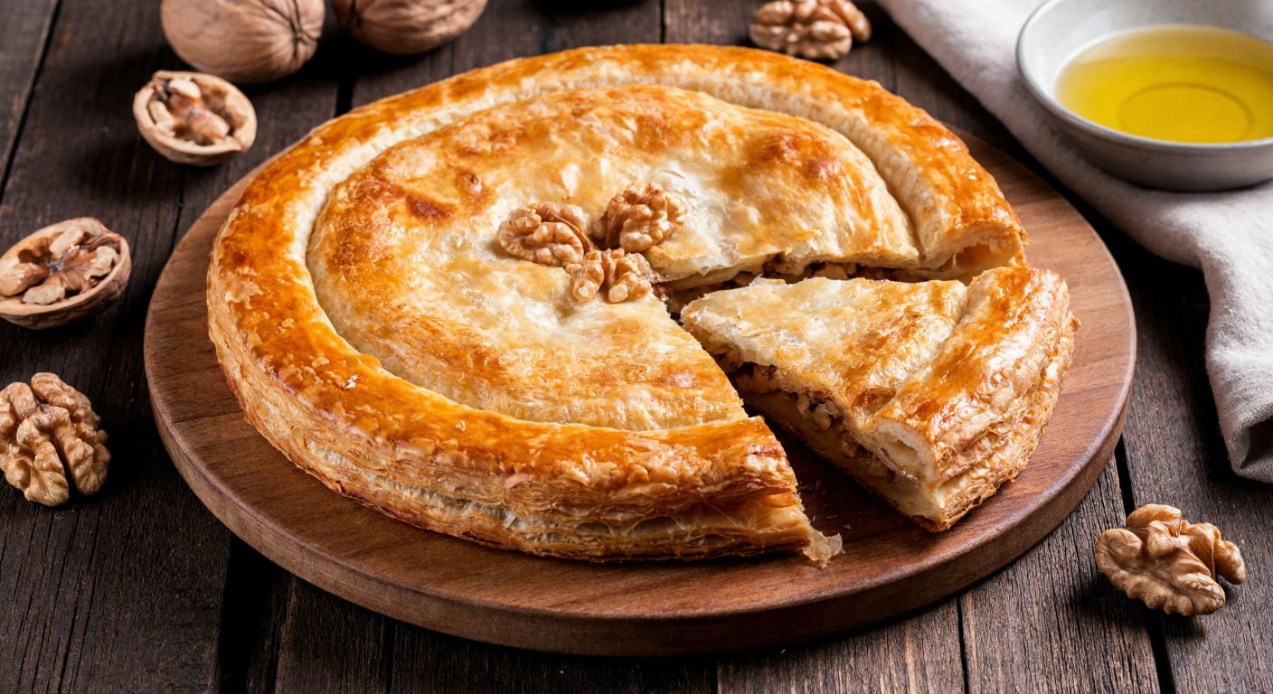 A golden-brown, flaky cevizli börek sits on a rustic wooden table, drizzled with melted butter and a hint of oil glistening on its crispy layers, surrounded by freshly cracked walnuts and a bowl of liquid oil nearby.