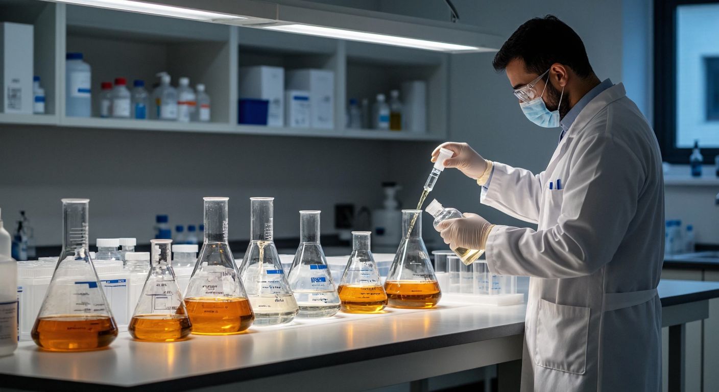 A well-lit laboratory bench displays various types of glass funnels—standard, powder, Büchner, separatory, and analytical—neatly arranged beside beakers and flasks, with a Turkish scientist in a white lab coat carefully pouring a liquid through one.