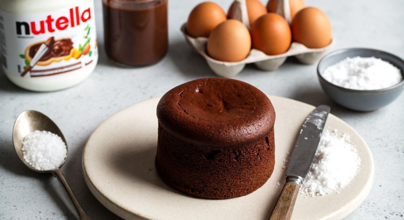 A warm, gooey chocolate soufflé with a molten Nutella center sits on a rustic Turkish kitchen counter, surrounded by fresh eggs, a spoonful of sugar, a small bowl of flour, and a jar of Nutella with a butter knife resting beside it.