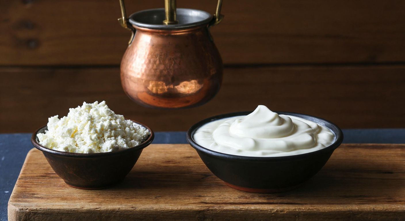 A rustic wooden table in a Turkish kitchen holds two small bowls—one filled with crumbly white ekşimik (çökelek) and the other with creamy eker süzme yogurt, while a traditional copper scale tilts slightly toward the yogurt bowl.