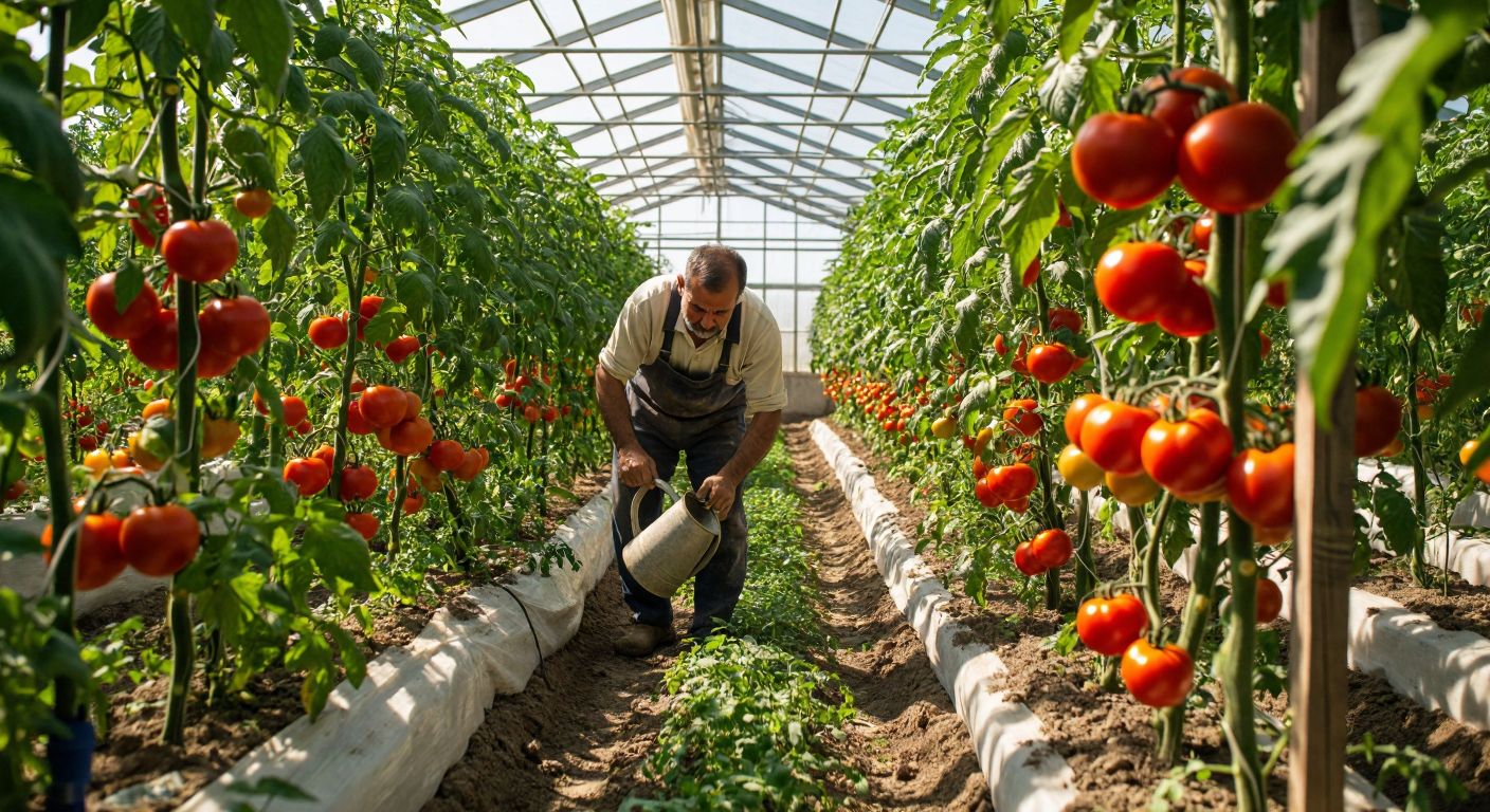 A sunlit greenhouse in Turkey brims with lush tomato vines heavy with plump red Riviera, Claudio F1, and Big Beef tomatoes, while a farmer in traditional workwear carefully tends to the plants with a watering can.