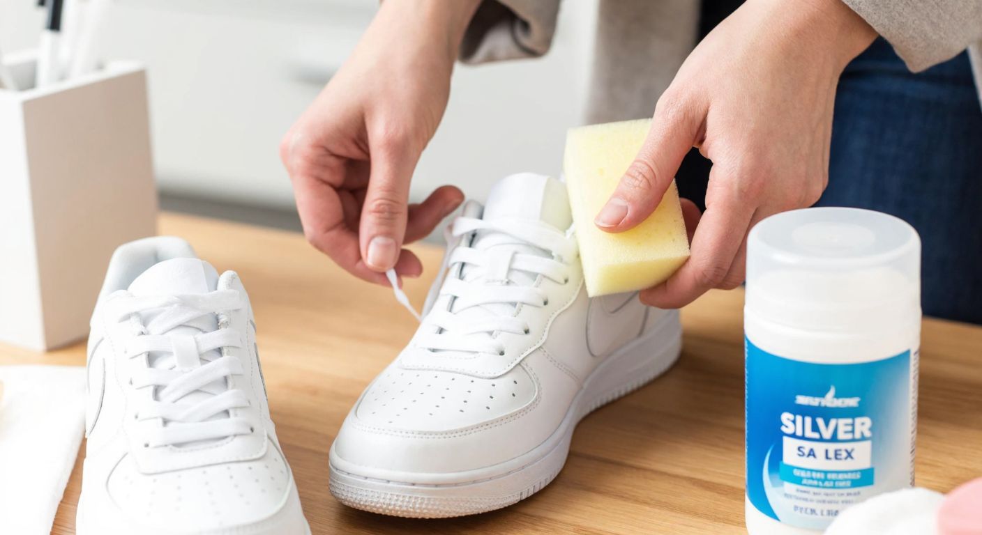 A close-up of a person’s hands gently scrubbing a pair of white sneakers with a small sponge soaked in cleaning gel, surrounded by a tidy workspace with a bottle of Silver shoe-cleaning gel nearby.