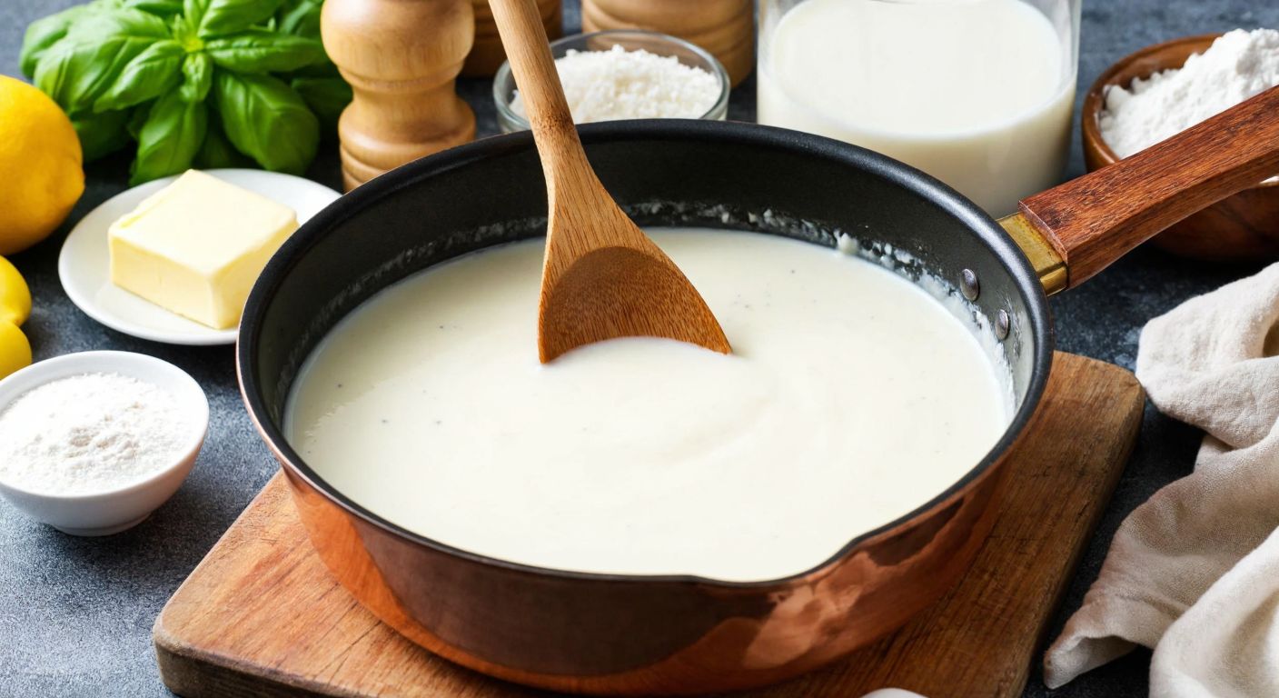 A steaming pot of creamy white béchamel sauce being stirred with a wooden spoon, surrounded by fresh ingredients like flour, butter, and milk on a rustic Turkish kitchen counter.