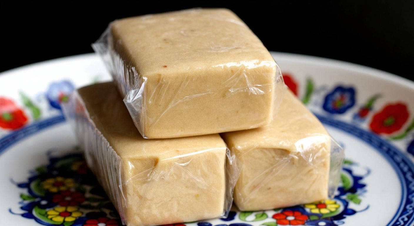 A close-up of golden, stretchy çekme helva wrapped tightly in clear plastic wrap, resting on a traditional Turkish ceramic plate with floral patterns.