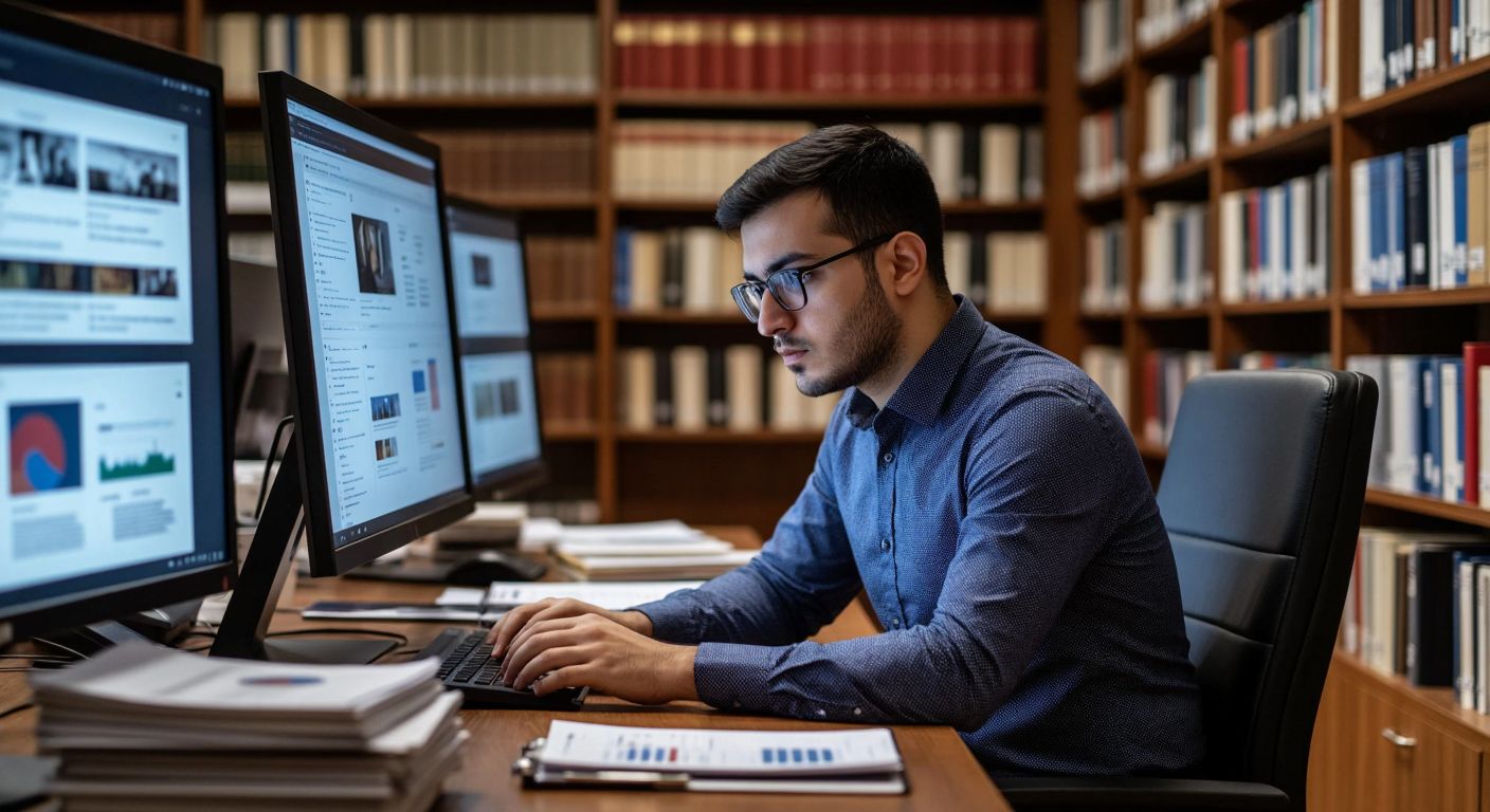 A focused researcher in a modern Turkish library, wearing glasses and a formal shirt, intently browsing through digital archives on a sleek computer screen, surrounded by stacks of economic reports and historical financial documents.