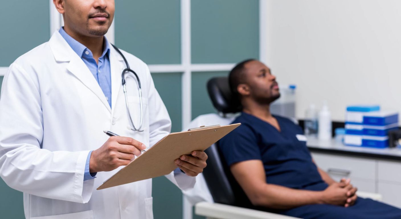 A doctor in a white coat holds a clipboard with a bell curve graph while standing in a medical lab, with a patient undergoing a lung function test in the background.