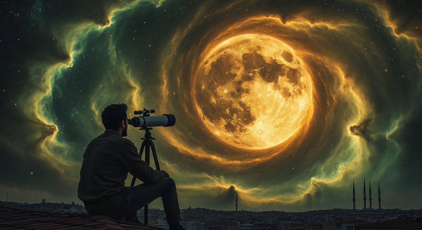 A glowing, mysterious Venus floats in a dark cosmos, surrounded by swirling acidic clouds, with a Turkish astronomer peering through a telescope from a rooftop in Istanbul, his expression a mix of curiosity and contemplation.