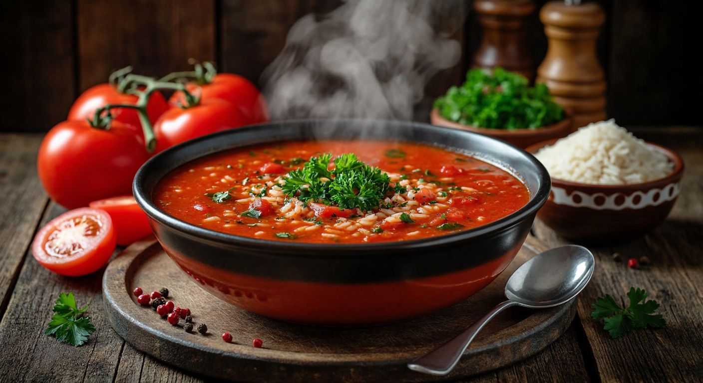 A steaming bowl of vibrant red tomato rice soup, garnished with fresh parsley, sits on a rustic wooden table in a cozy Turkish kitchen, with a small bowl of rice and ripe tomatoes beside it.
