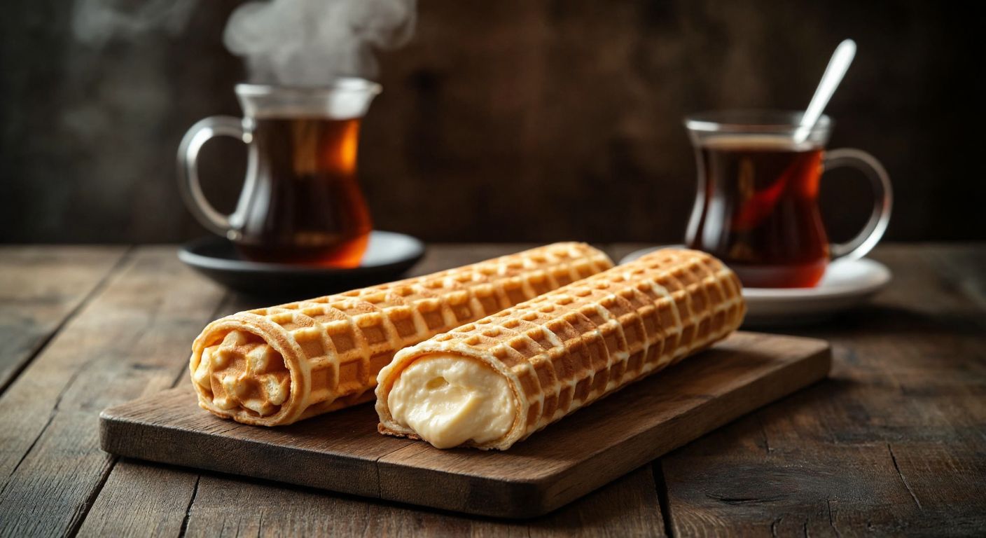 A golden-brown rolled waffle with a crisp, grid-patterned surface lies beside a slender, creamy-filled wafer roll on a rustic wooden table in a Turkish café, with steam rising from freshly brewed çay in the background.