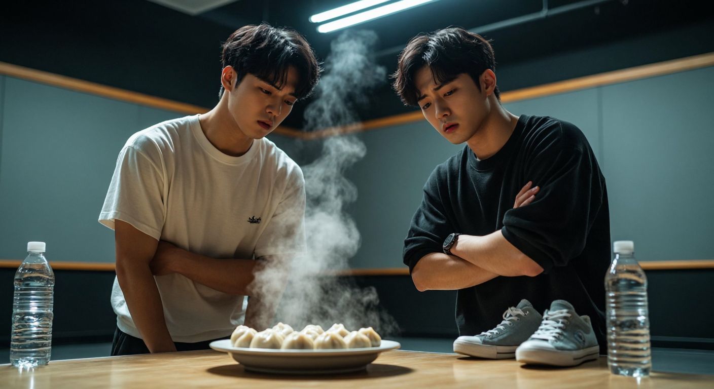 Two young Korean men in a dimly lit practice room, one angrily pushing away a plate of steaming dumplings while the other crosses his arms with a frustrated expression, surrounded by scattered dance shoes and water bottles.