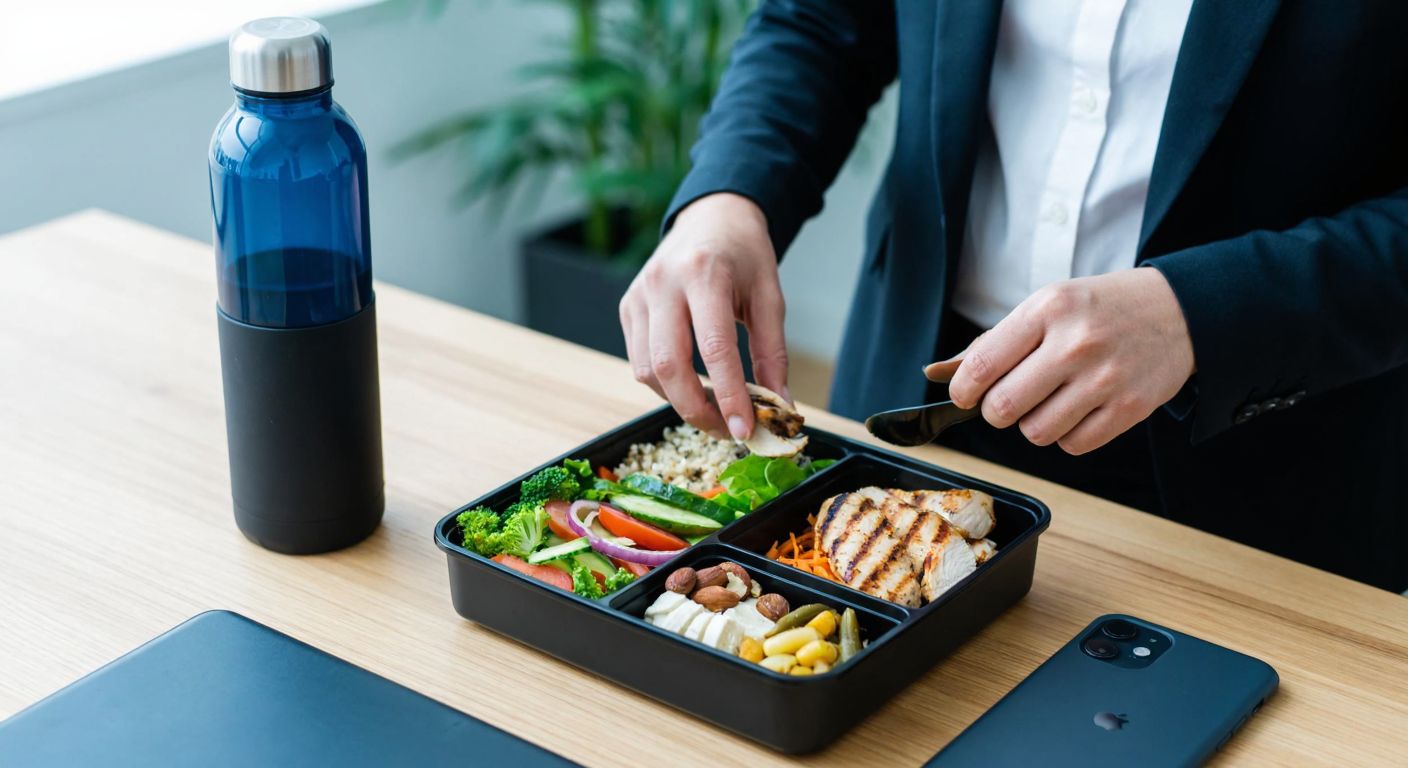 A neatly dressed Turkish office worker in a modern workspace prepares a colorful lunchbox with fresh vegetables, nuts, and grilled chicken, while a reusable water bottle sits nearby on a wooden desk.