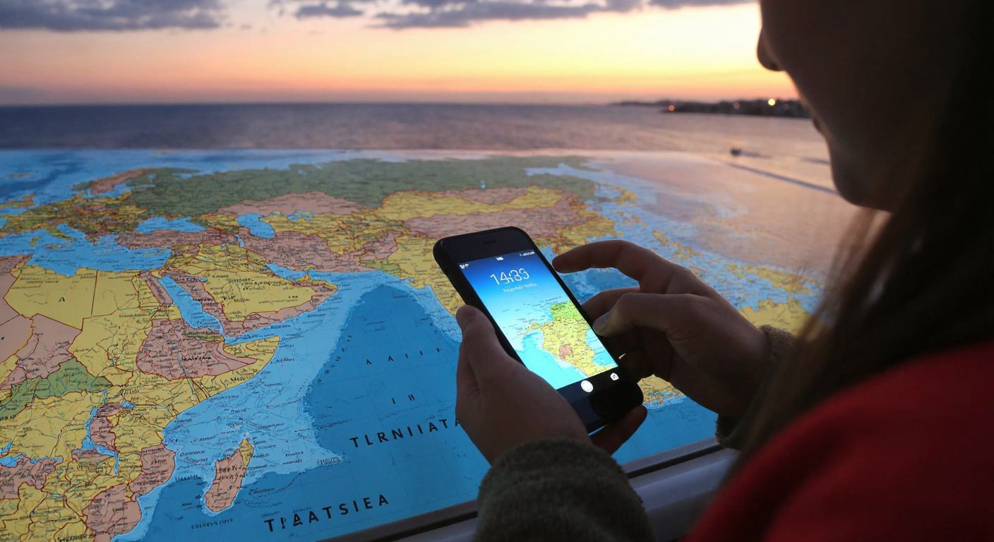 A person in Turkey dials a phone with a map of Tunisia and the Mediterranean Sea in the background, showing a connection between the two countries.