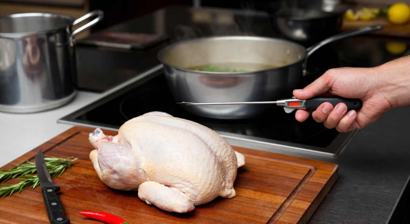 A plump, raw chicken resting on a wooden cutting board in a Turkish kitchen, with a steaming pot of boiling water nearby and a chef’s hand holding a meat thermometer poised to check the temperature.