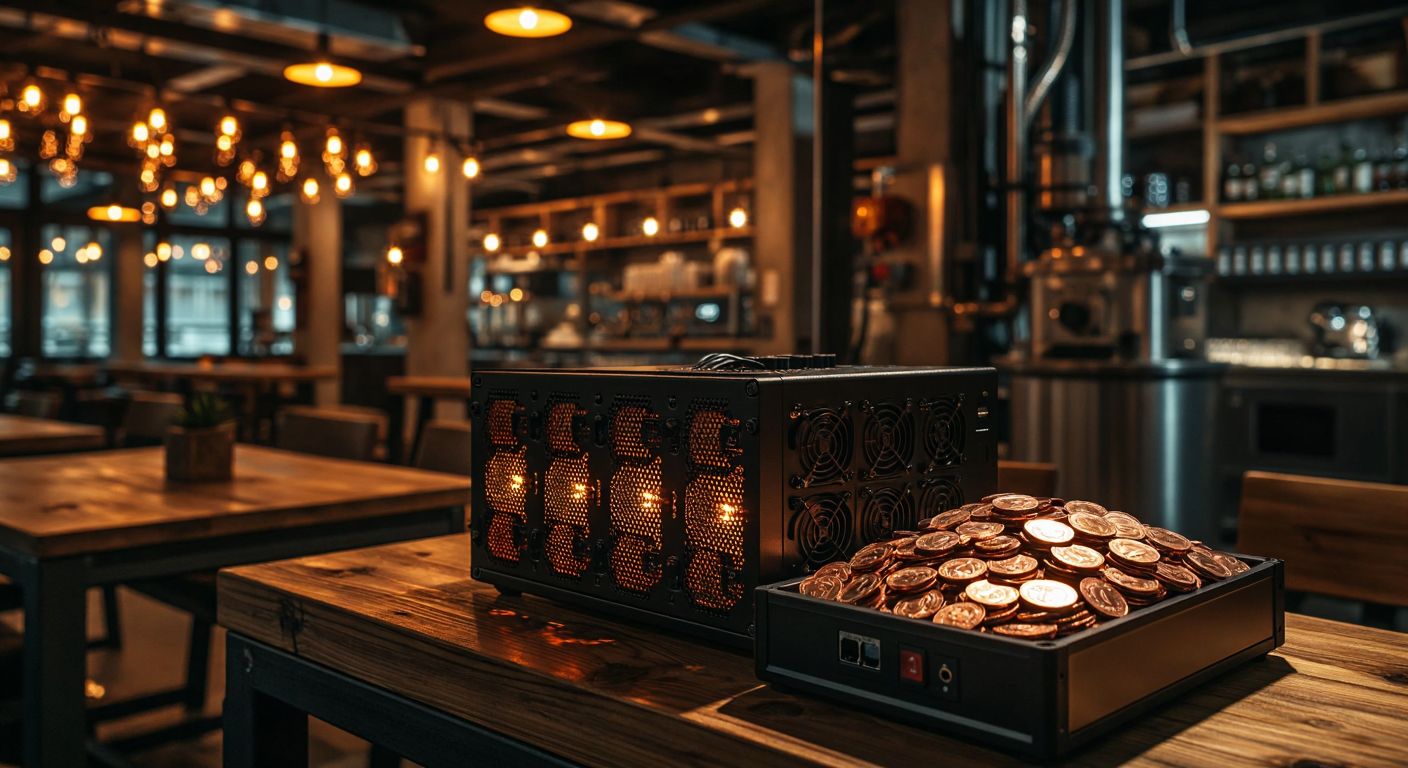 A rugged industrial mining rig with glowing circuits hums loudly beside a sleek digital wallet filled with shimmering coins, contrasting raw power with quiet efficiency under warm Turkish café lighting.
