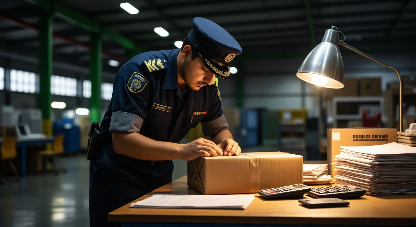 A Turkish customs officer in uniform carefully inspecting a package on a wooden table, with a calculator and a stack of documents nearby, under the warm glow of an overhead light in a bustling port office.