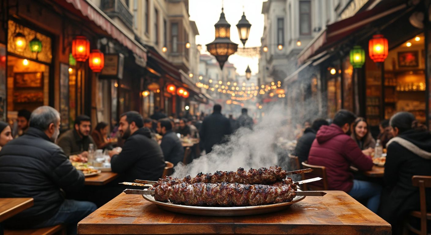 A bustling Istanbul street in Fatih district, with a steaming plate of juicy cağ kebap on a wooden table, surrounded by locals chatting happily under the warm glow of a traditional restaurant's lanterns.