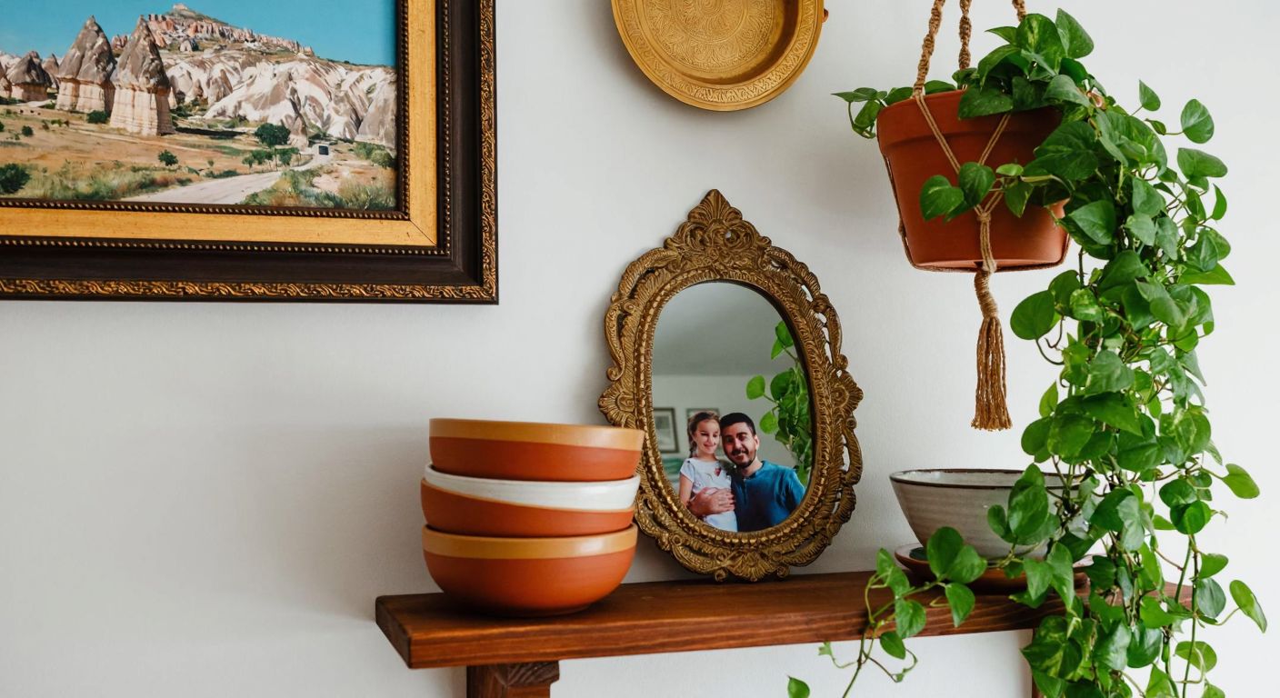 A cozy Turkish living room wall adorned with a framed painting of Cappadocia, a family photo in an ornate frame, a decorative brass mirror, a wooden shelf holding ceramic bowls, and a hanging terracotta pot with a trailing ivy plant.
