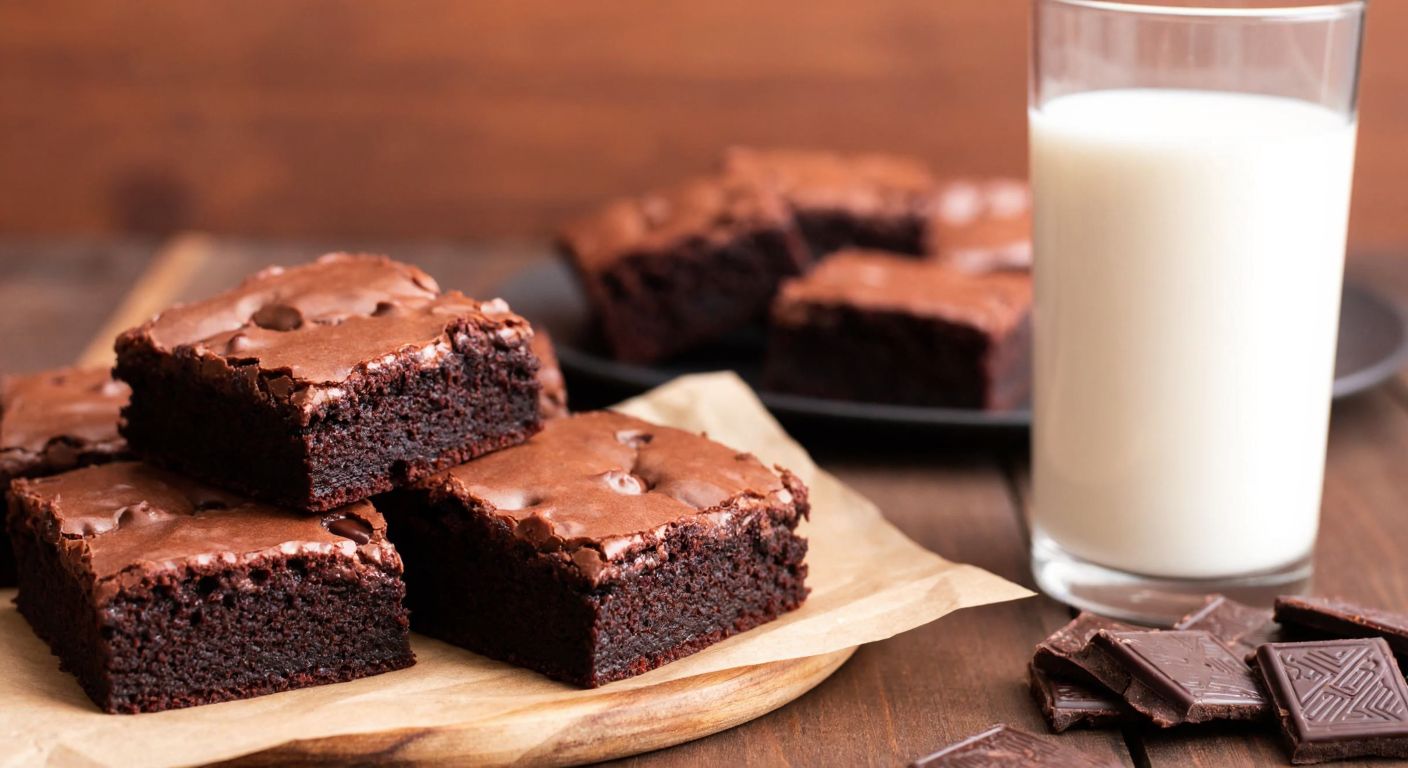 A close-up of a rich, chocolatey **Eti Browni Intense** cake on a wooden table, with a glass of milk beside it, evoking warmth and indulgence in a cozy Turkish home setting.