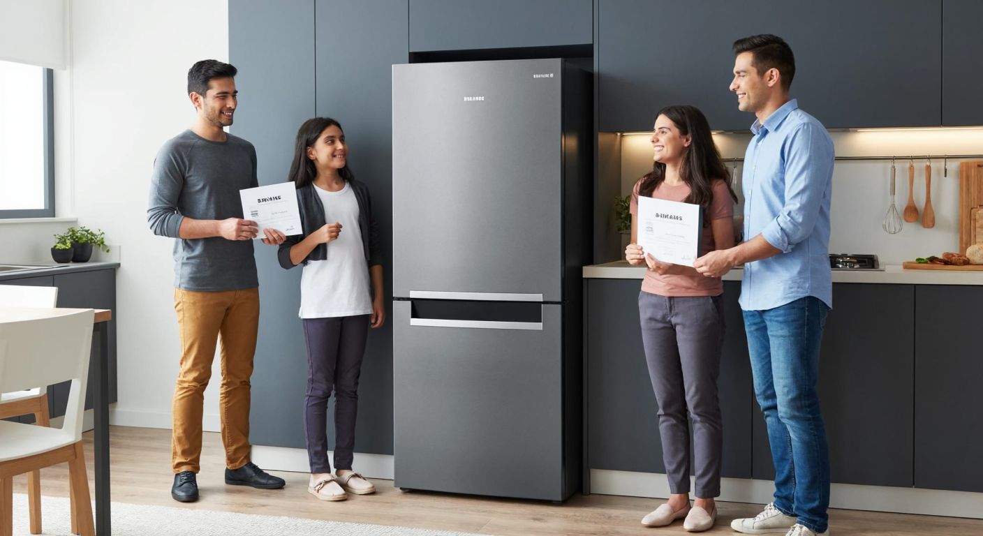 A sleek, modern Siemens refrigerator in a bright Turkish kitchen, with a smiling family standing beside it, holding a warranty document.