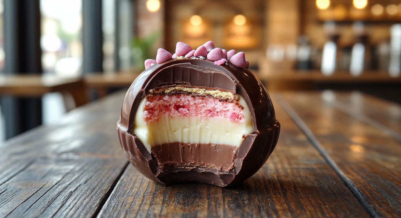 A glossy, bite-sized chocolate treat with a cracked outer shell revealing layers of creamy milk chocolate, strawberry-flavored white chocolate, and tiny popping candy pieces, resting on a rustic wooden table in a cozy Turkish café.