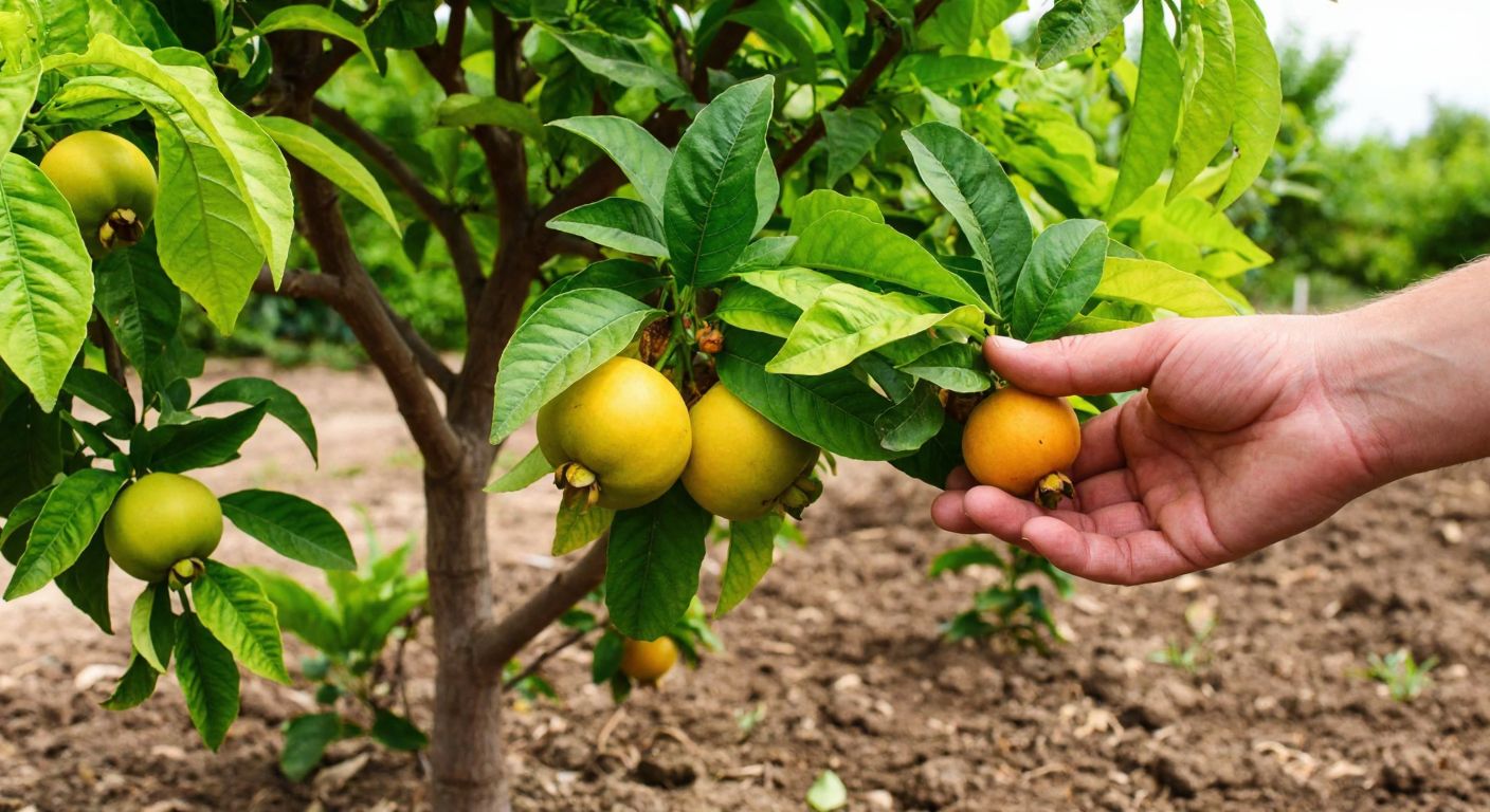 A young canistel tree with vibrant green leaves and small golden-yellow fruits emerging, planted in a sunlit Turkish orchard with fertile soil and a gardener's hand gently touching a ripening fruit.