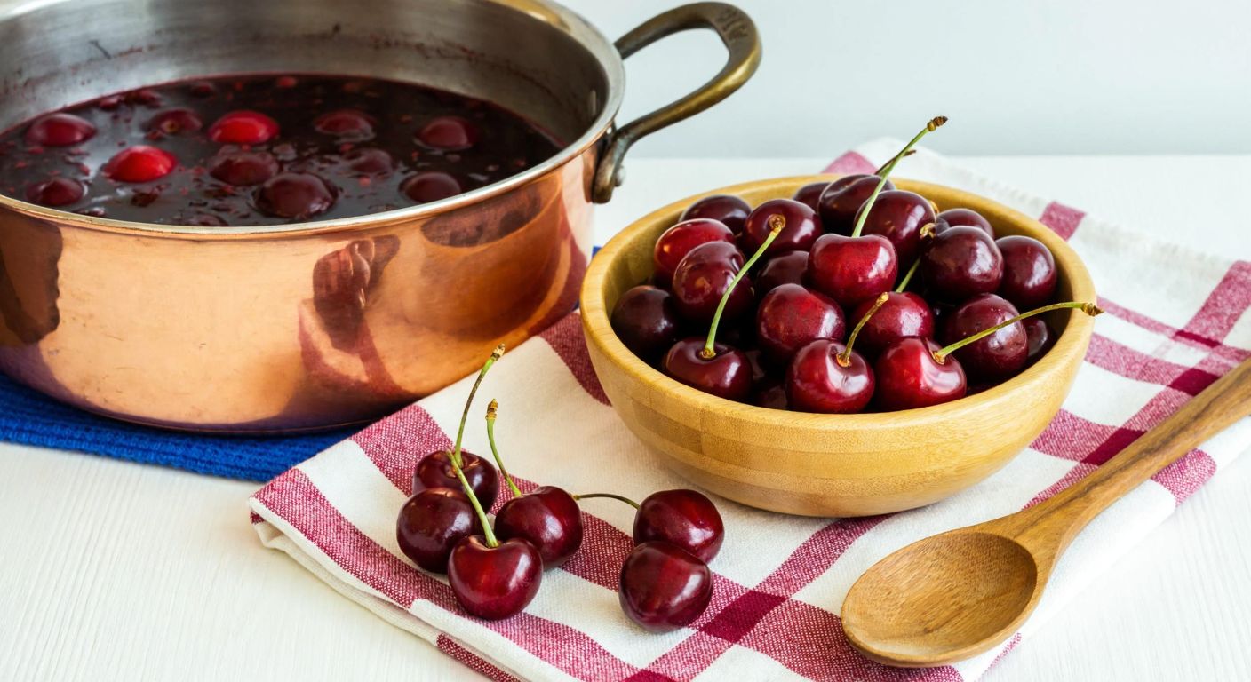 A vibrant Turkish kitchen scene with a copper pot simmering dark red sour cherry jam, fresh vişne cherries piled in a wooden bowl, and a wooden spoon resting on a checkered cloth.