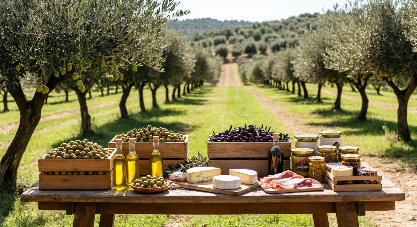 A sunlit Turkish farm with rows of olive trees, wooden crates filled with fresh olives and bottles of golden olive oil, and a rustic wooden table displaying artisanal cheeses, cured meats, and jars of local preserves.