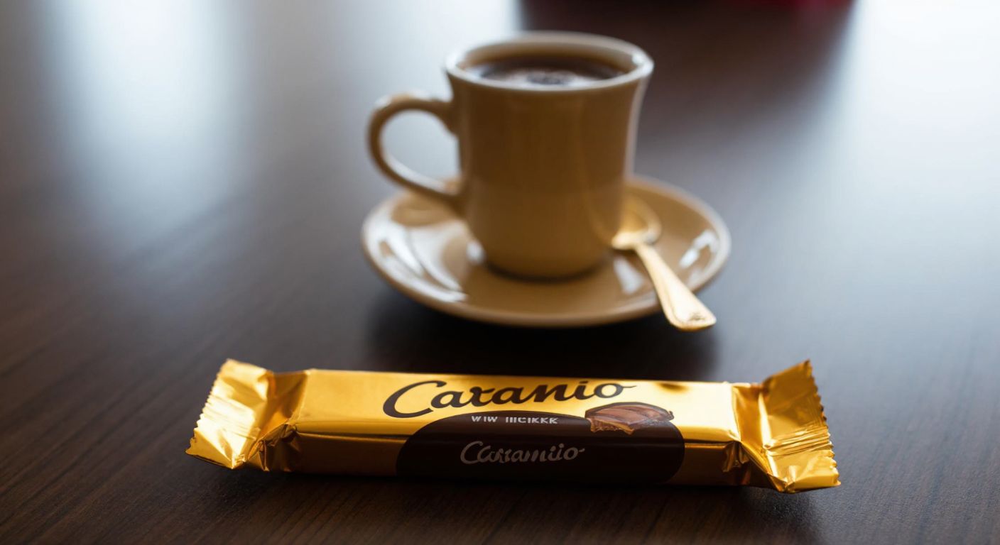 A single golden-wrapped caramel-filled milk chocolate bar (Ülker Caramio) rests on a wooden table beside a small Turkish coffee cup, evoking a cozy, indulgent moment.