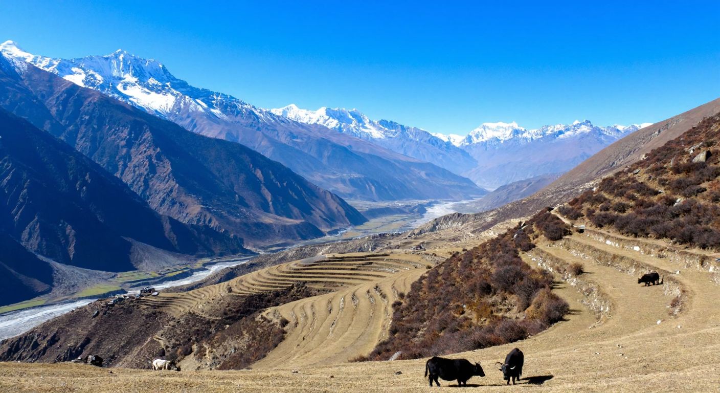 A vast Himalayan landscape with terraced rice fields, yaks grazing on rugged slopes, and distant snow-capped peaks under a clear blue sky.