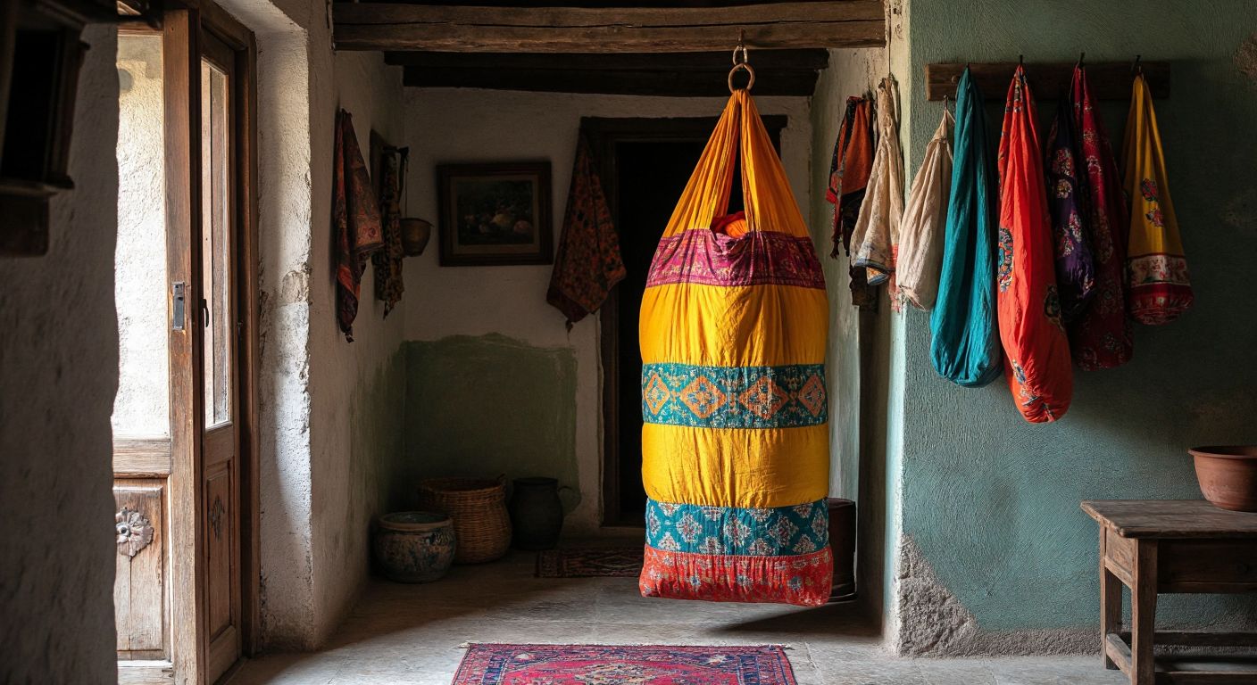 A colorful sleeping bag loosely rolled inside a large breathable cotton bag, hanging from a wooden hook in a cool, shaded corner of a rustic Turkish home.