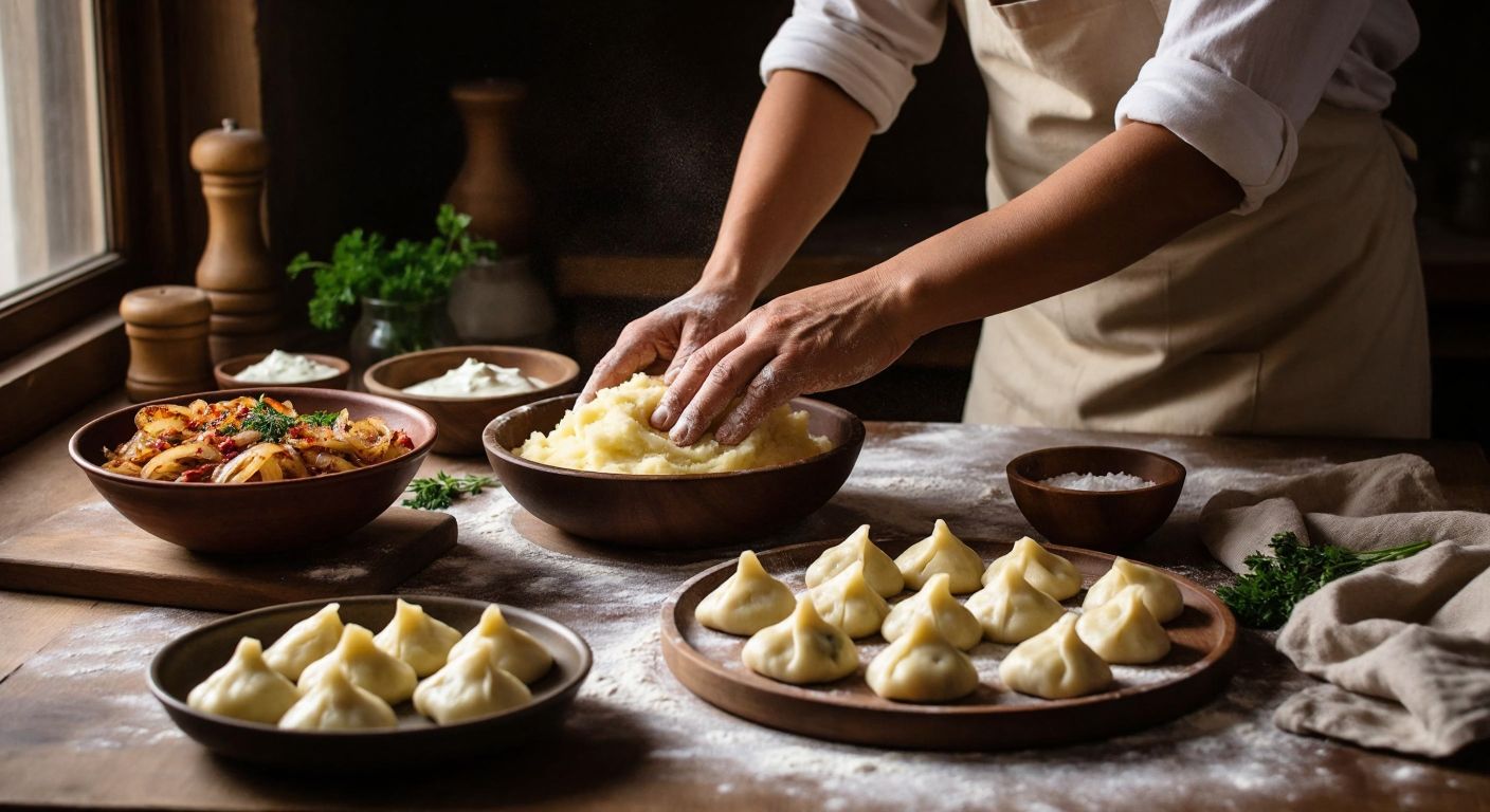 A warm, rustic Turkish kitchen scene with hands kneading dough on a flour-dusted wooden table, a bowl of mashed potatoes with sautéed onions nearby, and small triangular dumplings arranged neatly on a tray, topped with melted butter and red pepper flakes, accompanied by a bowl of garlic yogurt.