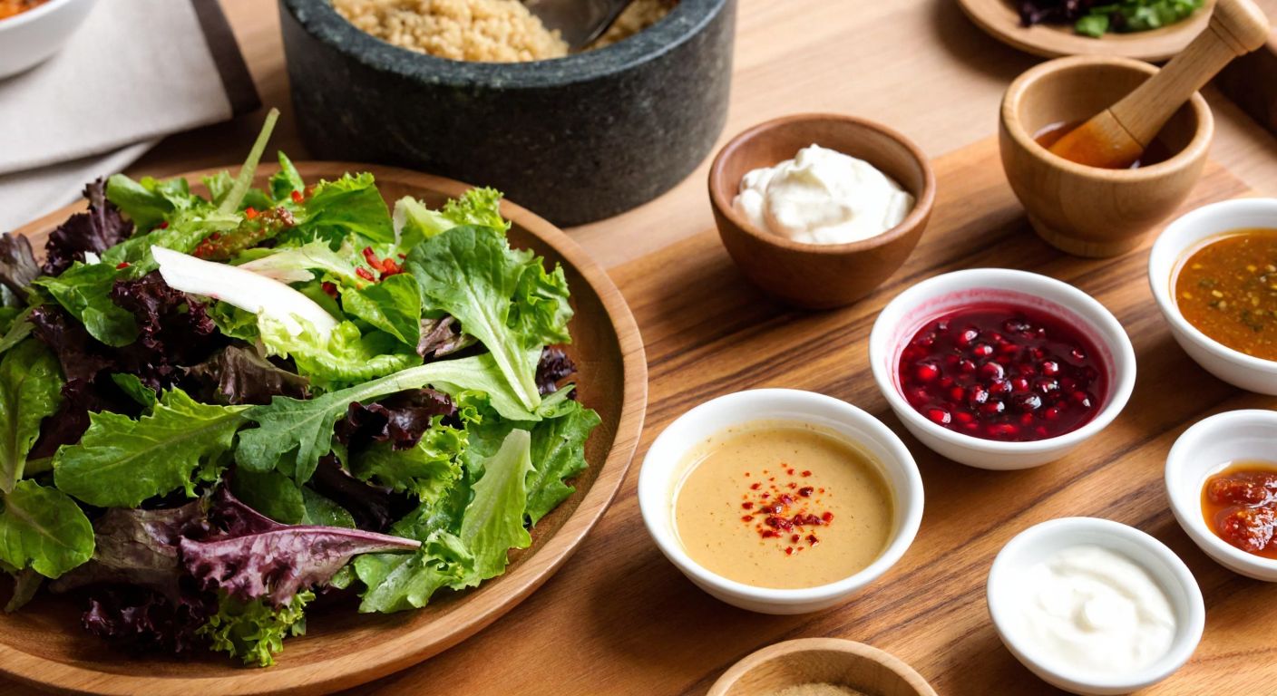 A vibrant wooden table in a Turkish kitchen displays a fresh green salad surrounded by small bowls of colorful homemade sauces—golden tahini, ruby-red pomegranate molasses, creamy yogurt, and glossy honey-chili—with a rustic mortar and pestle nearby.