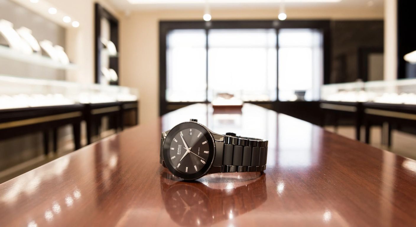 A sleek, modern Rado watch with a ceramic band and sapphire crystal face, resting on a polished wooden table in a well-lit jewelry store, reflecting elegance and durability.