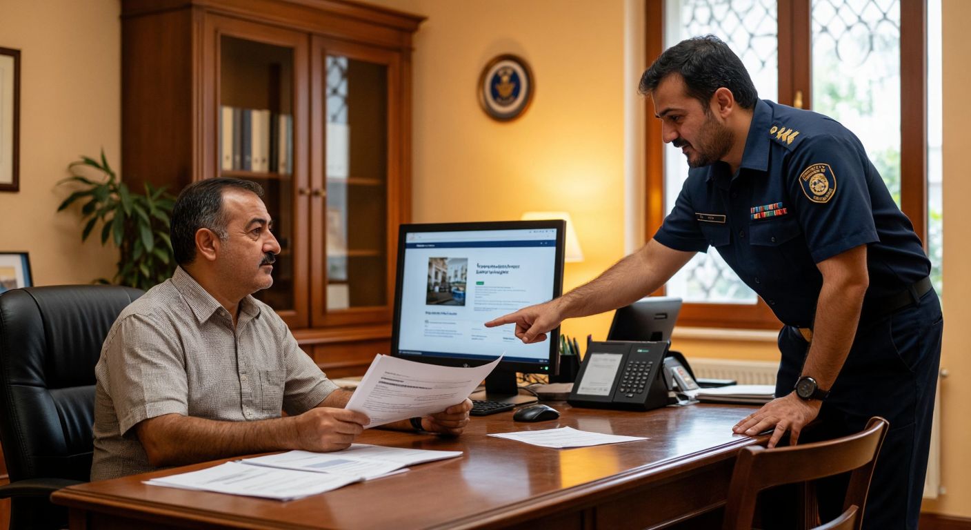 A middle-aged Turkish man in a button-up shirt sits at a wooden desk in a warmly lit municipal office, holding property documents while a civil servant in a navy-blue uniform points to a computer screen displaying a simplified website interface.