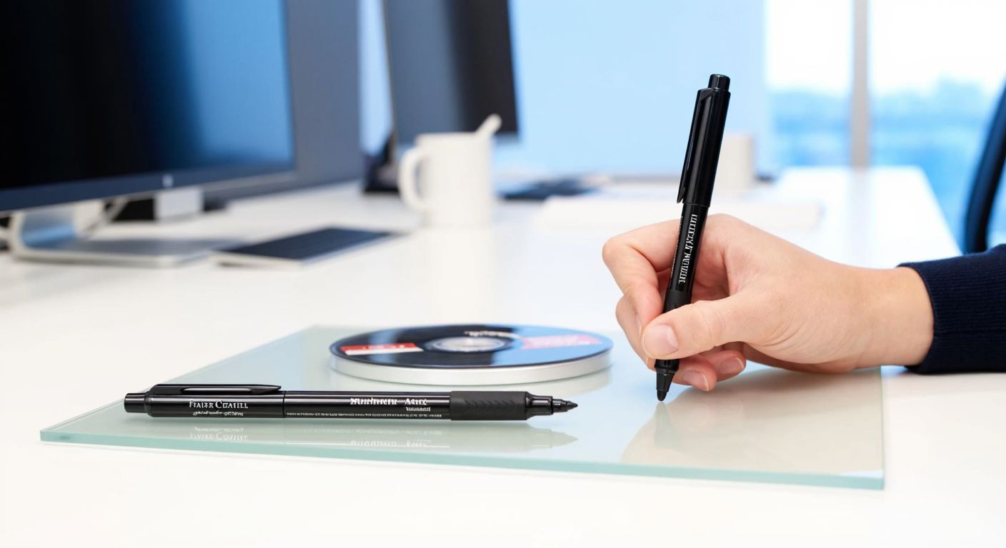 A sleek black Faber Castell Multimark 1523 pen rests on a clear acetate sheet beside a labeled CD, with a hand poised to write on a glass surface in a well-lit office.