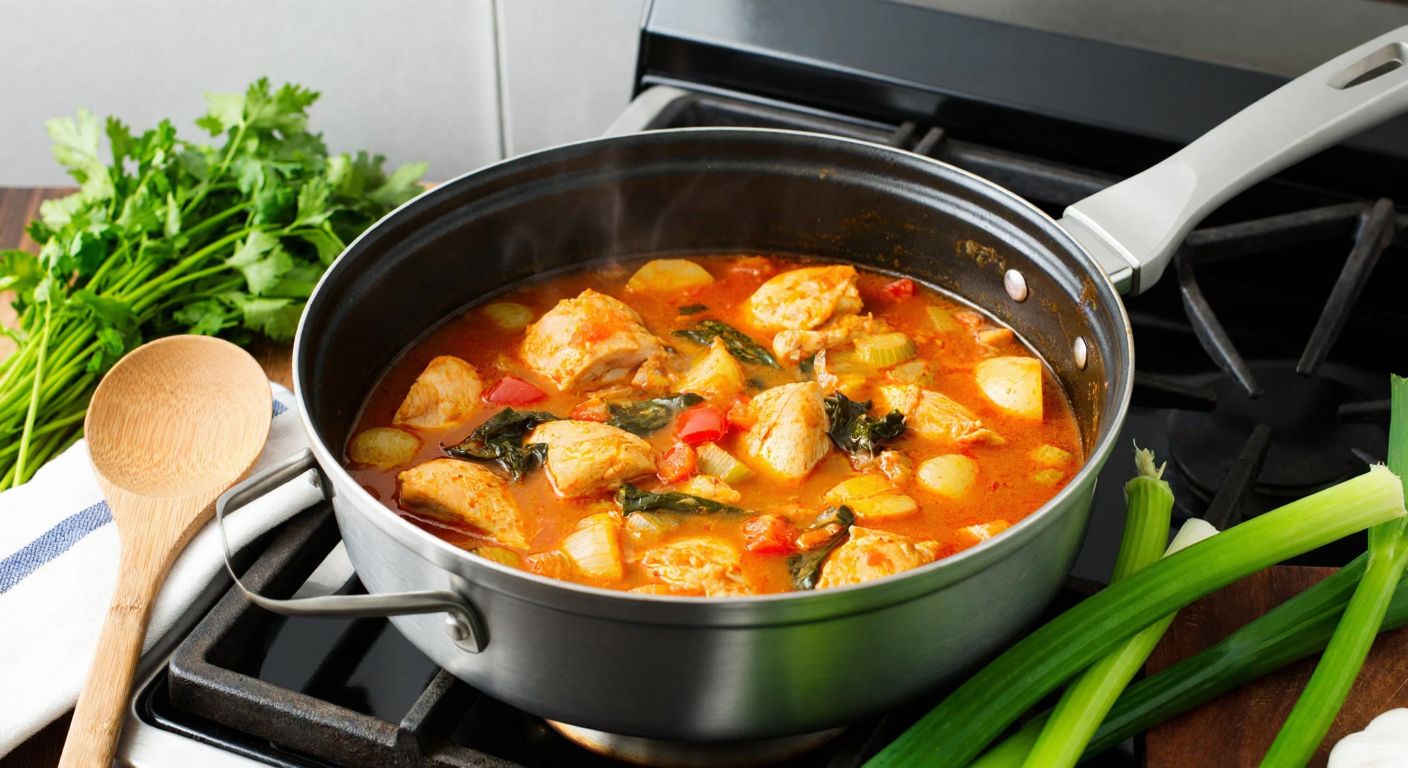 A steaming pot of golden-brown chicken and celery stew with colorful vegetables, resting on a stovetop in a cozy Turkish kitchen, surrounded by fresh herbs and a wooden spoon.