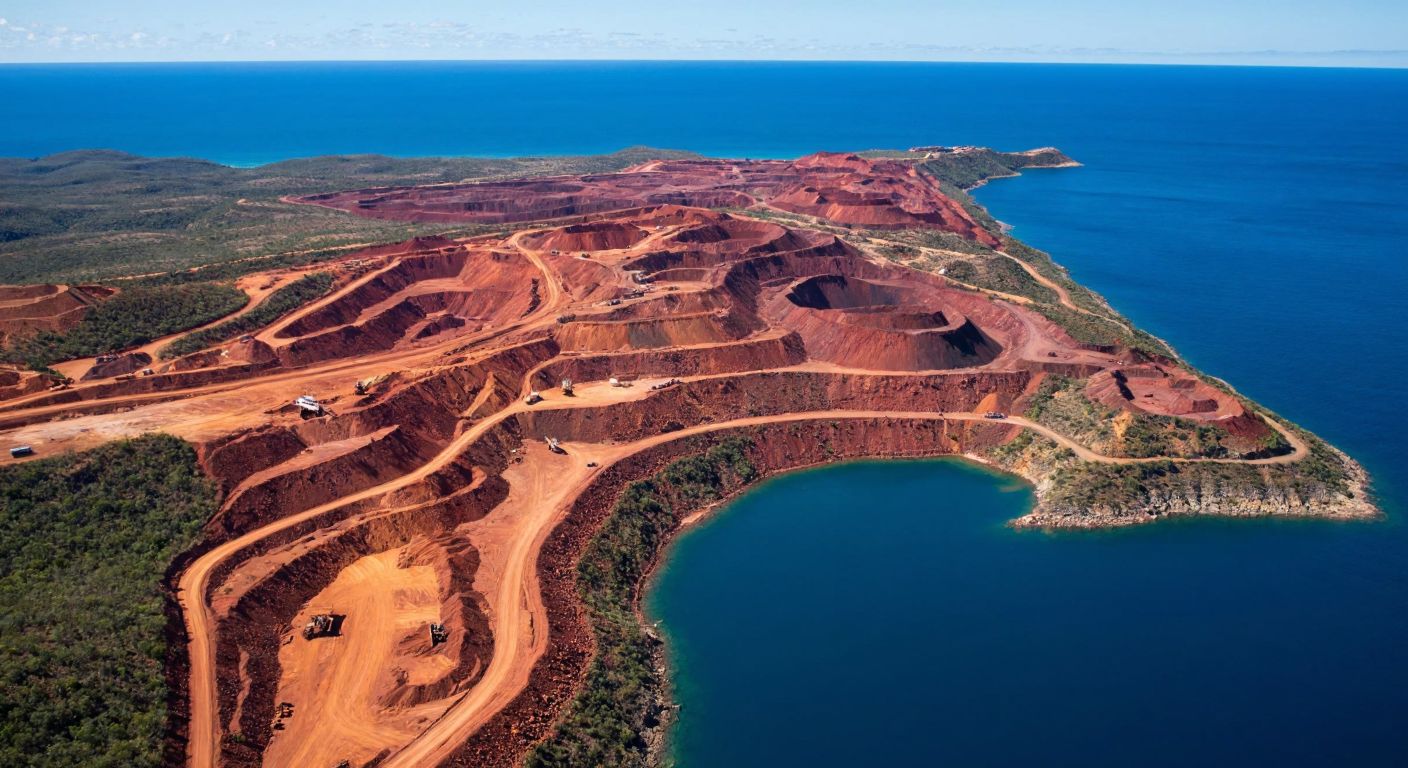 A rugged mining landscape with red-earth pits in Brazil's Minas Gerais, vast iron-rich deserts in Australia's Pilbara, and dense forests near Indian quarries, connected by cargo ships crossing a deep blue ocean.