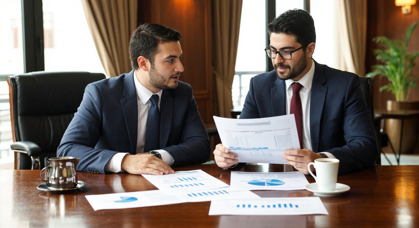 A determined Turkish entrepreneur in a formal office setting, holding a detailed business plan document while discussing with a bank officer across a wooden desk, surrounded by financial charts and a steaming cup of Turkish coffee.