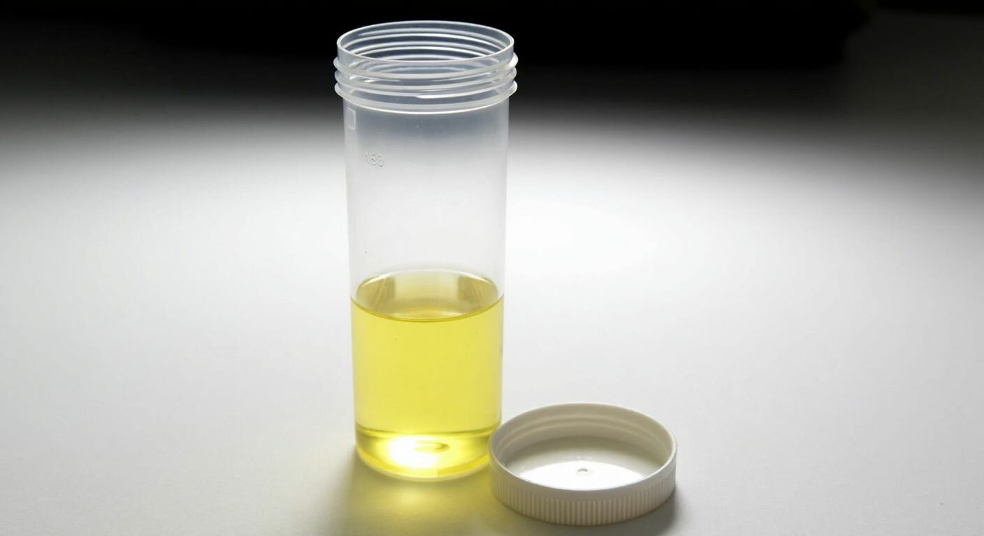 A clear plastic laboratory centrifuge tube with a screw cap, filled halfway with a colorless liquid, placed on a sterile white surface under soft lab lighting.